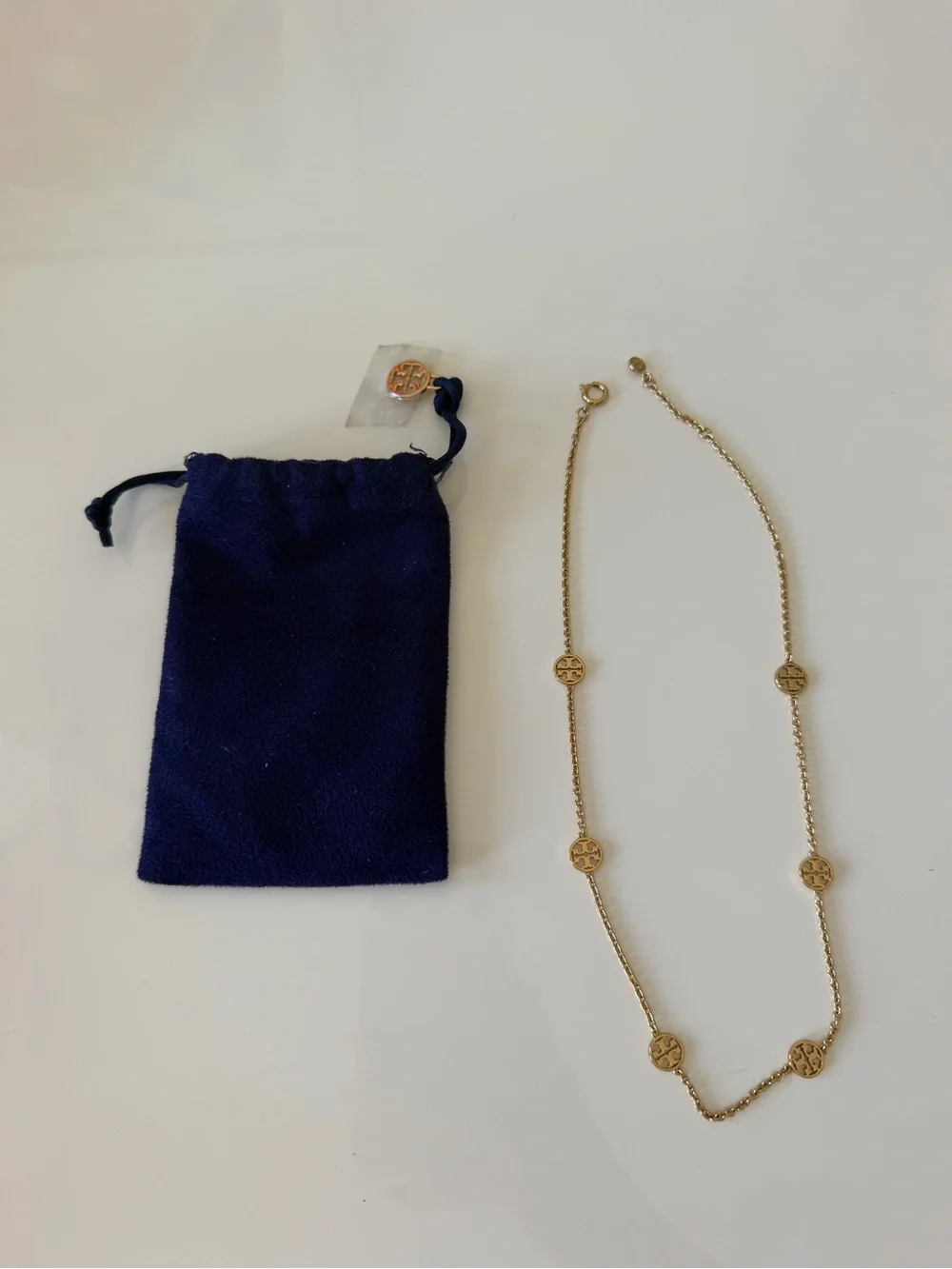 Tory Burch Gold Logo-Disc Station Necklace with Navy Pouch